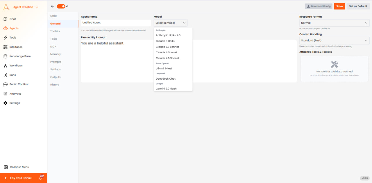 Model selection dropdown showing available LLMs