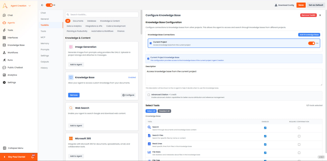 Knowledge Base Configuration panel showing connections and tool selection