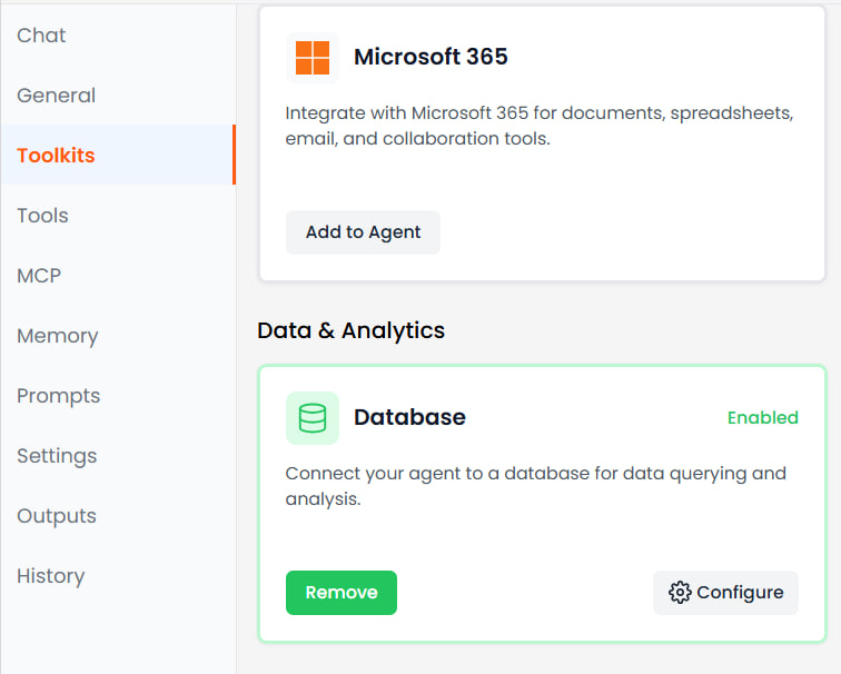 Agent builder with Database Manager toolkit