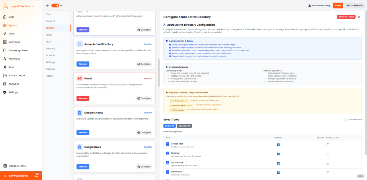 Azure Active Directory configuration with authentication and User Management tools