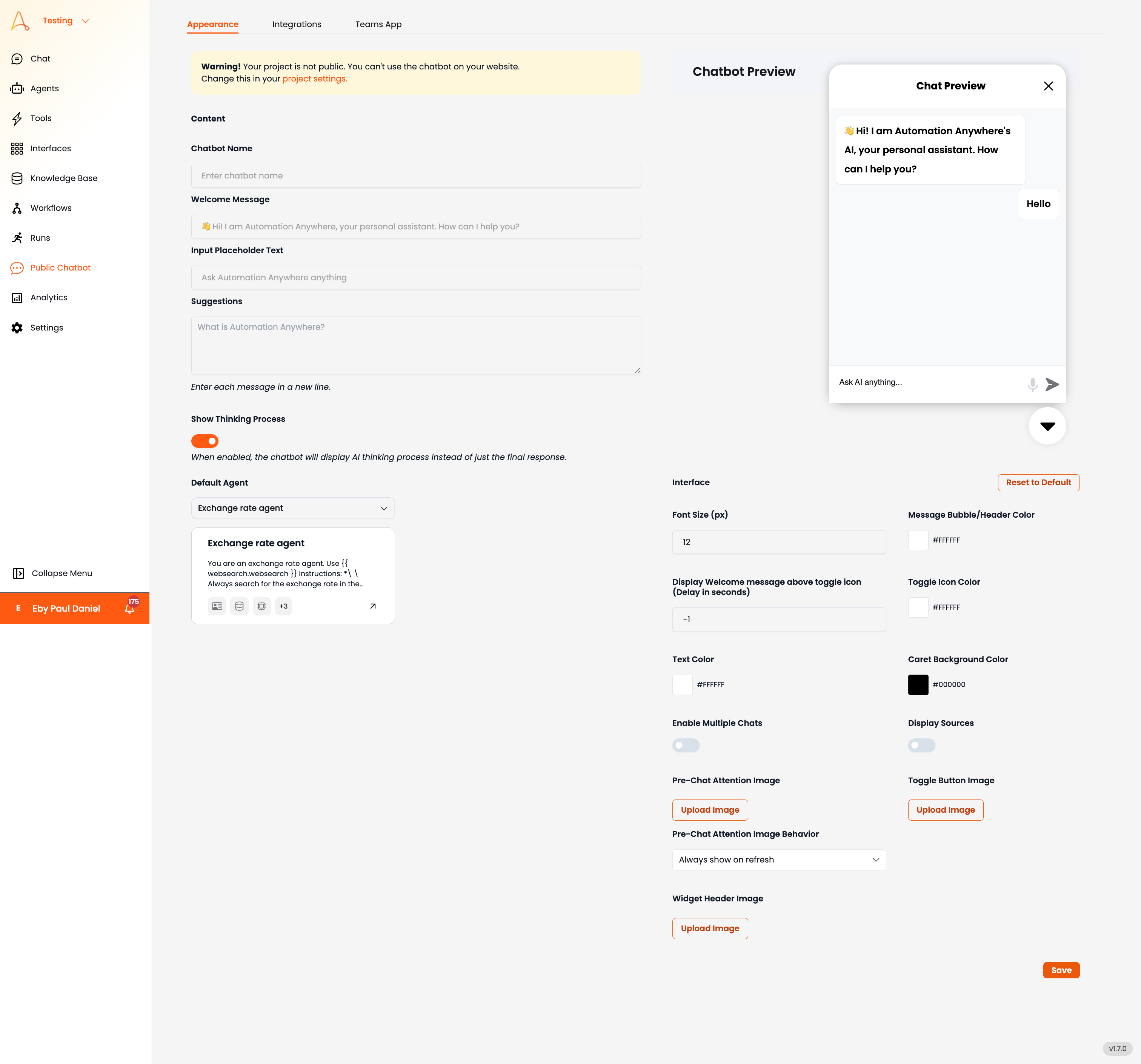 Public Chatbot Configuration Interface