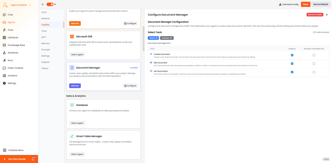 Panneau de configuration du Gestionnaire de documents affichant les outils Créer, Modifier et Lister les documents