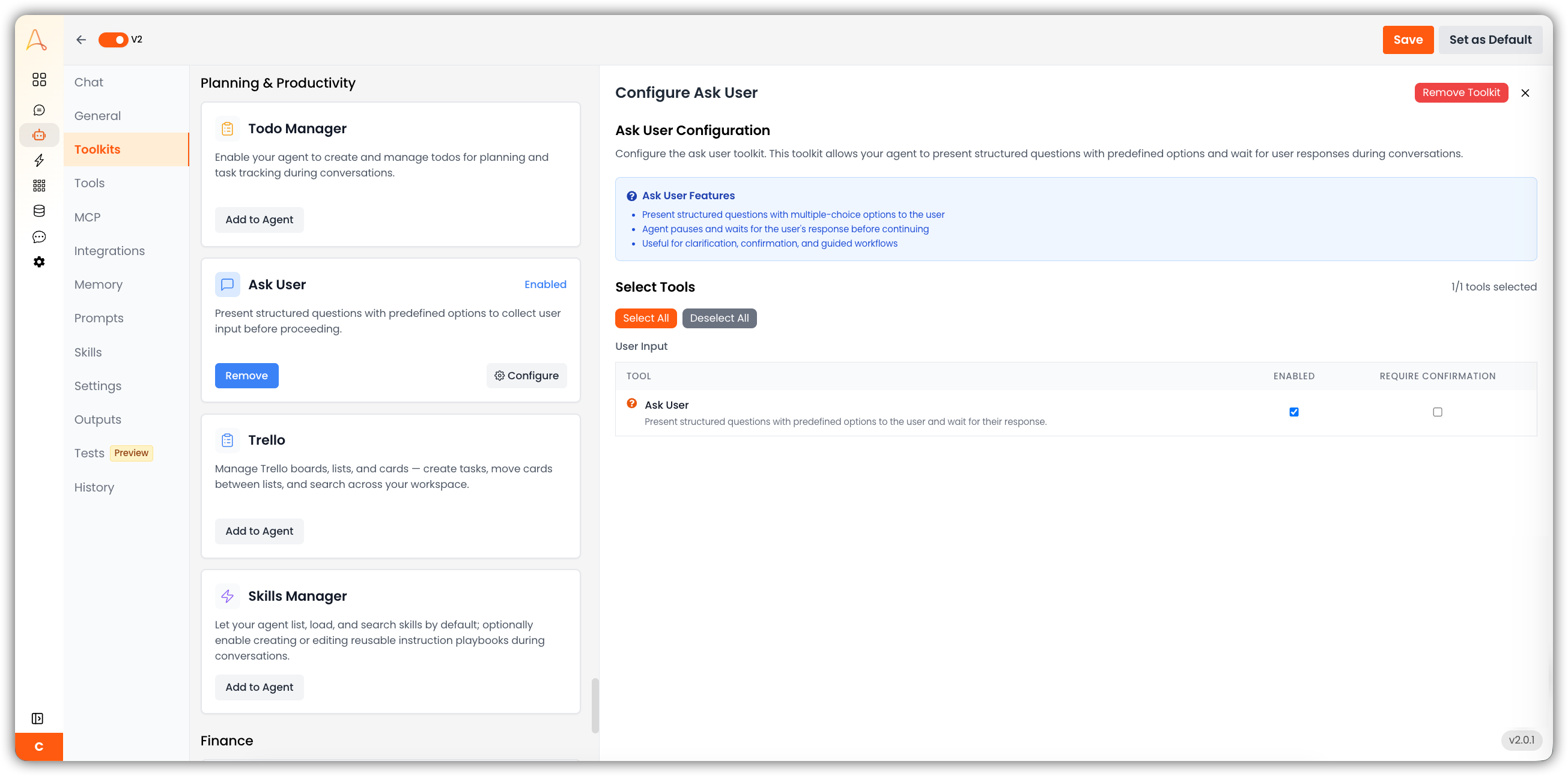 Panneau de configuration de Demander à l'utilisateur affichant l'outi Demander à l'utilisateur avec les options Activé et Demander confirmation