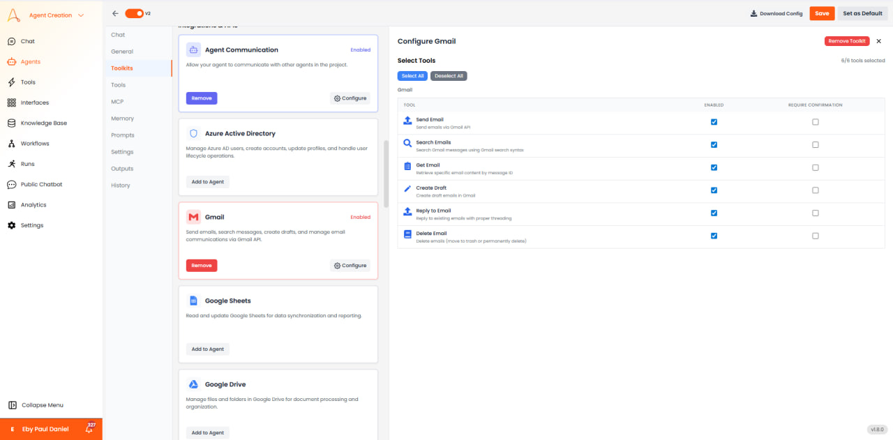 Gmail toolkit configuration with tool selection