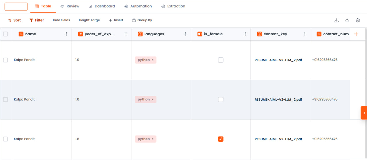 Campo Collection na tabela de Resumes
