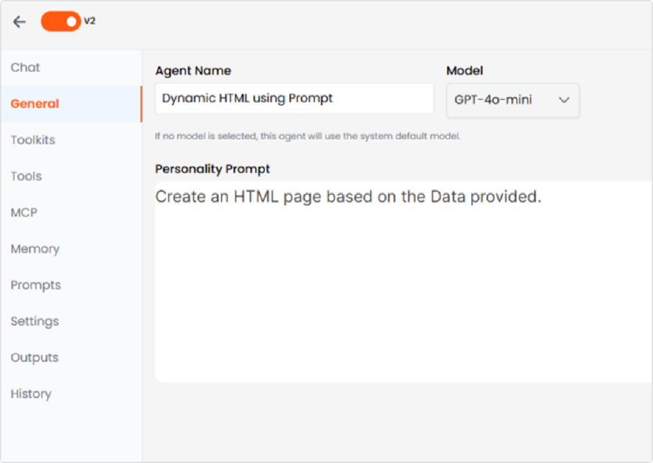Figura 1: Interface de Criação de Agente - Configurando o agente de HTML dinâmico com prompt de personalidade