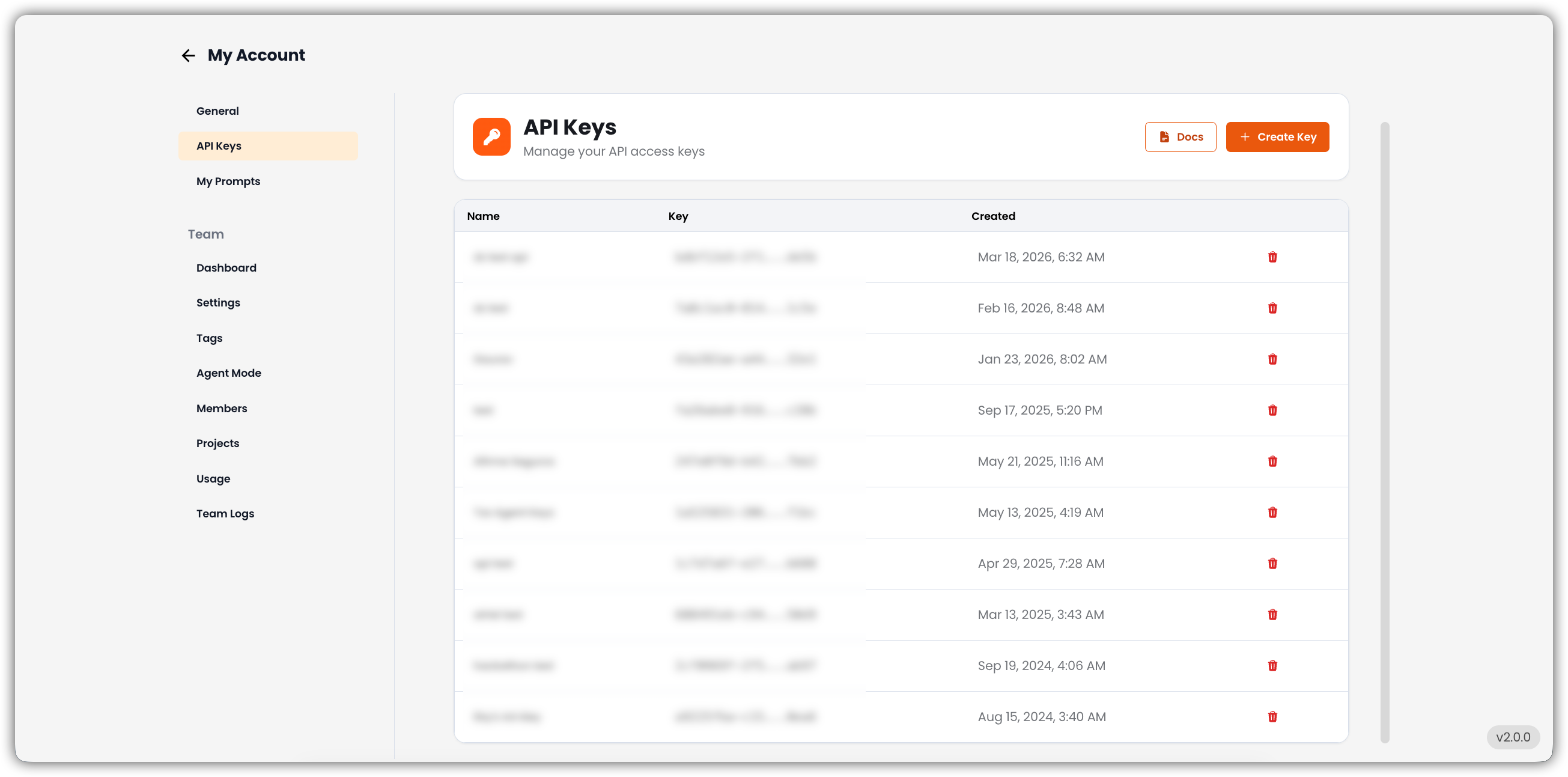 Interface da aba Chaves de API